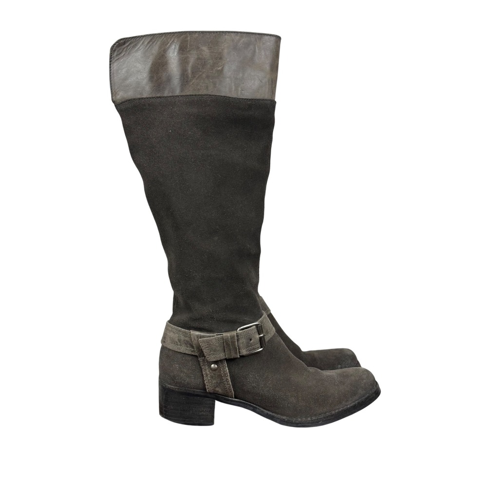 Suede Knee High Boots with Buckle‎ Detail, Tall Fashion Boots, Gray Color